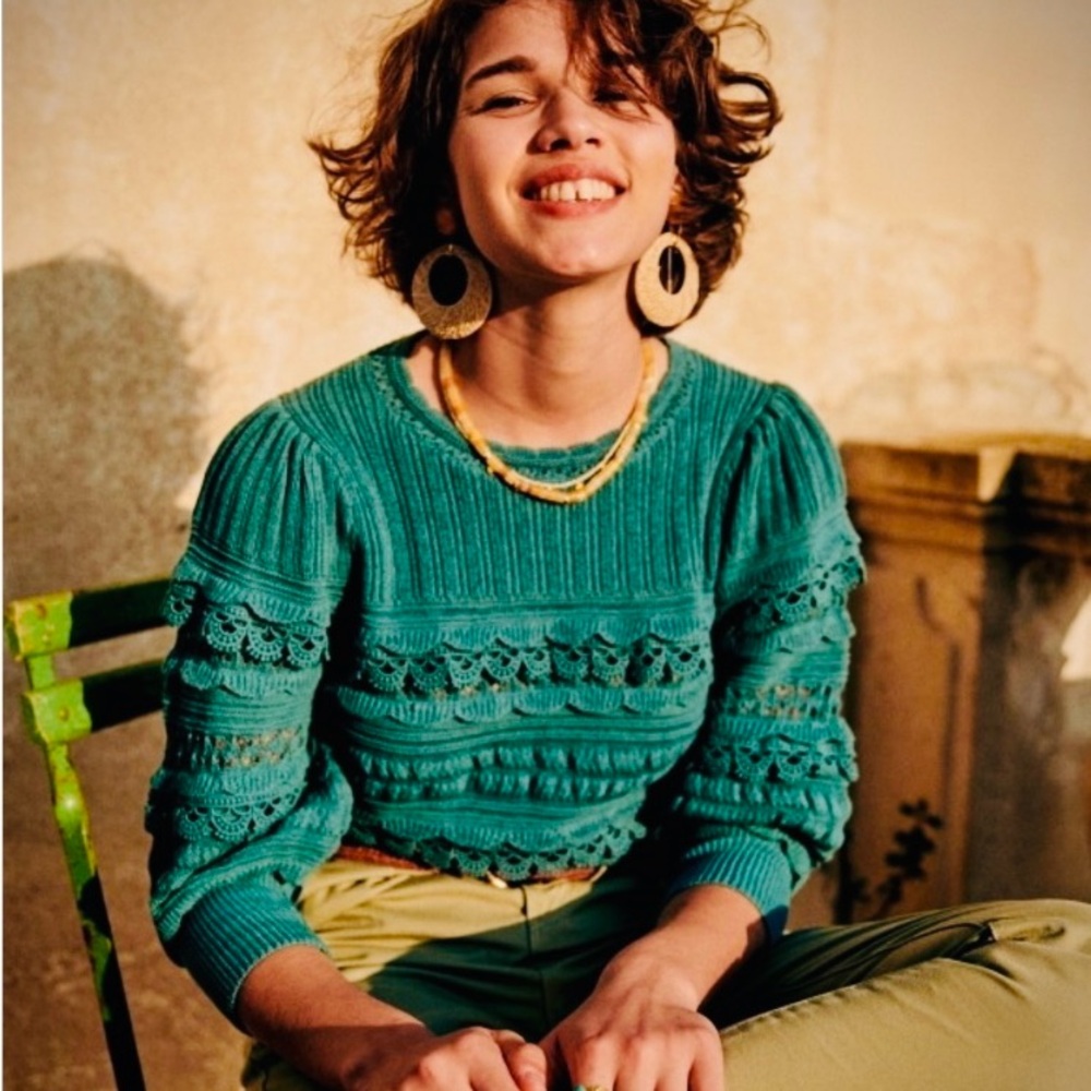 Sezane Bleu Vert Frill Openwork Sweater